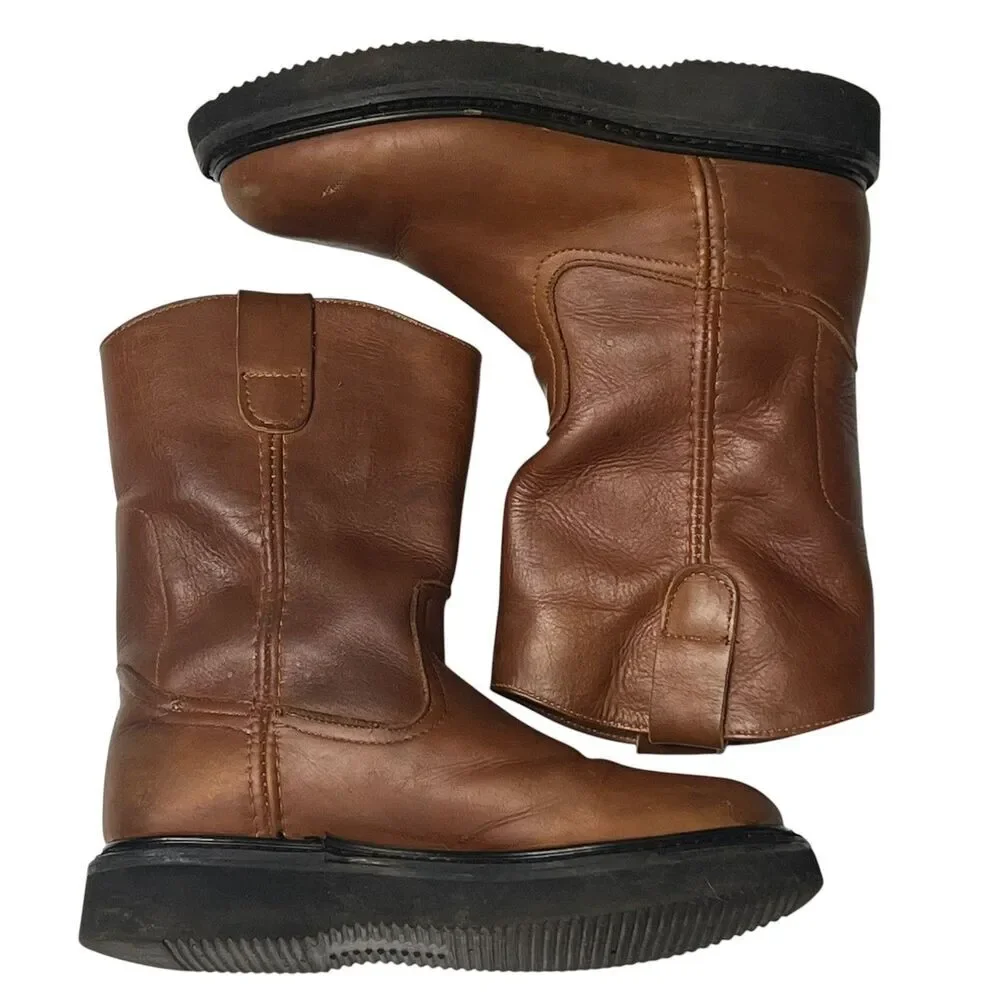 Mens Brown Leather Pull On Work Boots Thick Sole Western Style Size 7.5